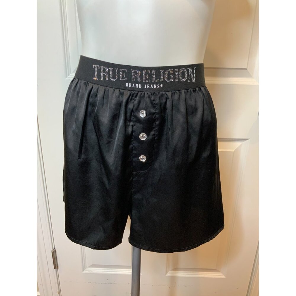 True Religion Black Satin Pajama Bottoms Boxer Briefs Rhinestone Jewels, Size XL